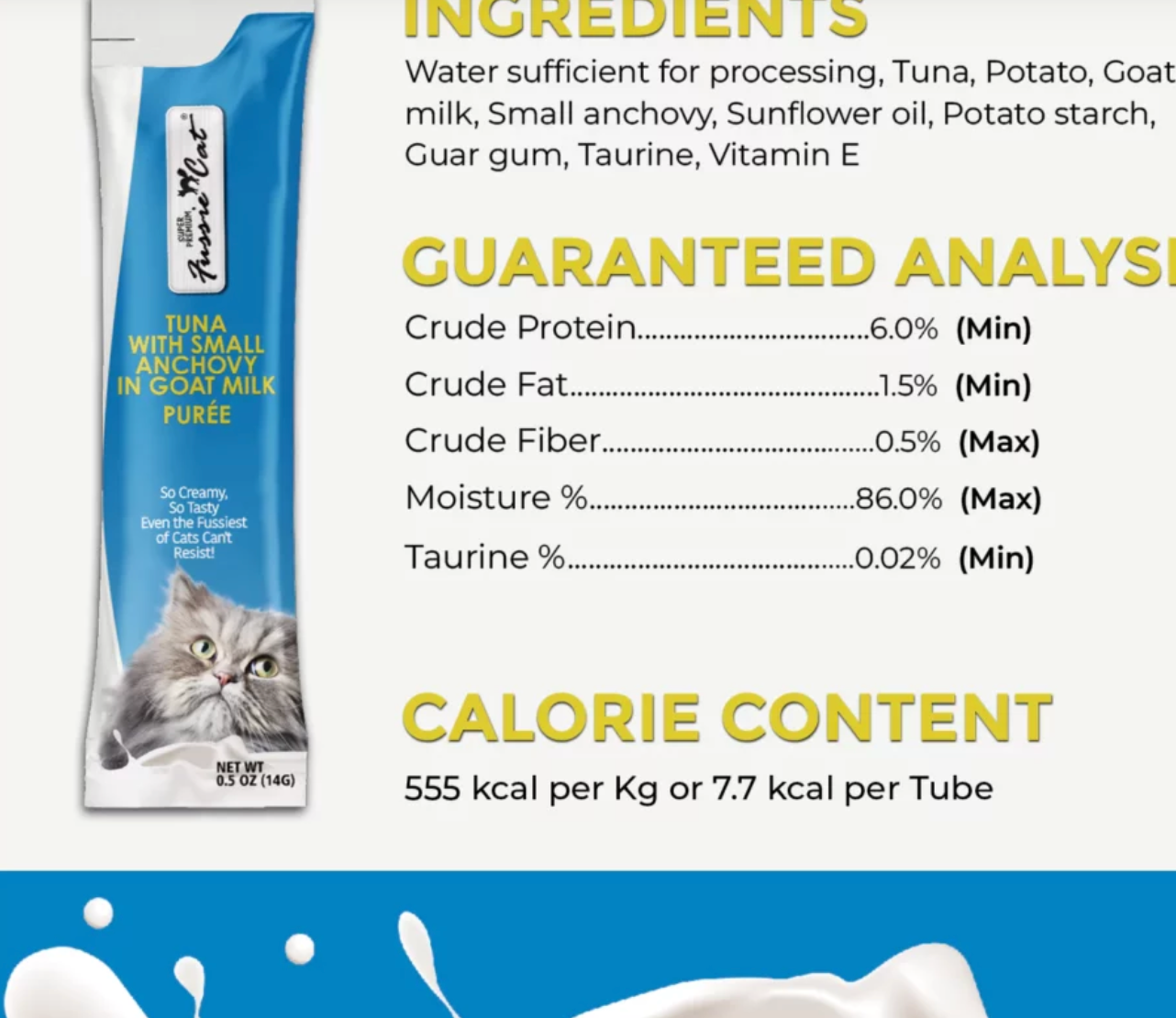 Fussie Cat Treat Puree Tuna w/ Small Anchovies Goat Milk
