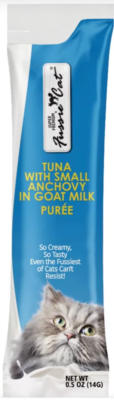 Fussie Cat Treat Puree Tuna w/ Small Anchovies Goat Milk