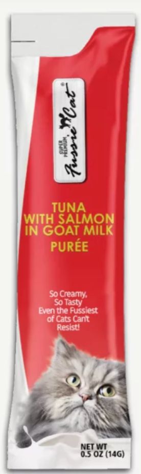 Fussie Cat Treat Puree Tuna w/ Salmon Goat Milk