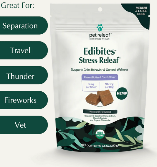 Pet Releaf Dog Supplement CBD Dog Edibites Stress Releaf Peanut Butter & Carob Large 7.5 oz