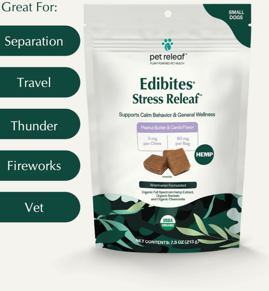 Pet Releaf Dog Supplement CBD Dog Edibites Stress Releaf Peanut Butter & Carob Large 7.5 oz