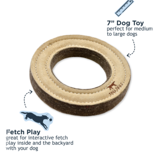 Tall Tails Dog Toy Natural Leather & Wool Ring 7"