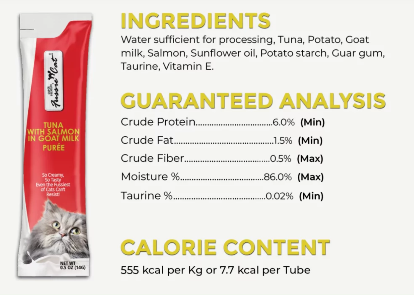 Fussie Cat Treat Puree Tuna w/ Salmon Goat Milk