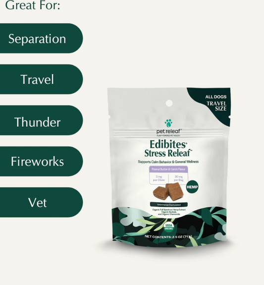 Pet Releaf Dog Supplement CBD Dog Edibites Stress Releaf Peanut Butter & Carob Travel 2.5 oz