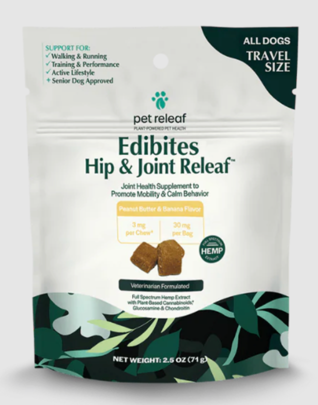Pet Releaf Dog Supplement CBD Dog Edibites Hip & Joint Releaf Peanut Butter & Banana Travel 2.5 oz